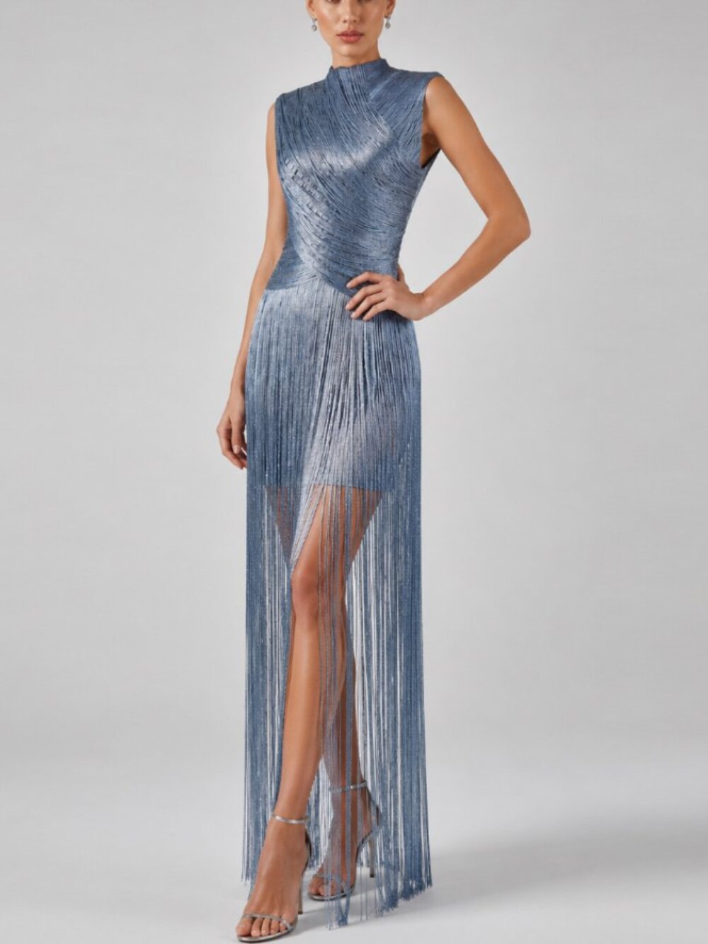 Gray Blue Fringe Cocktail Gown